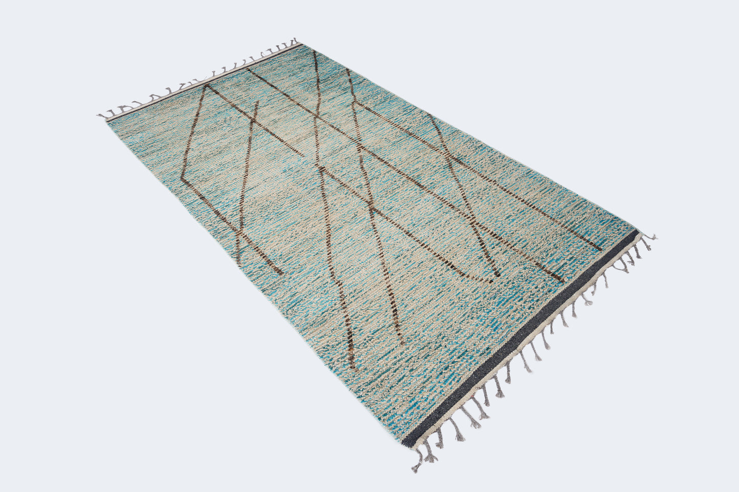 Abstract Turquoise Blue Moroccan Berber Rug – Hand-Knotted Asymmetric Wool Runner Rug