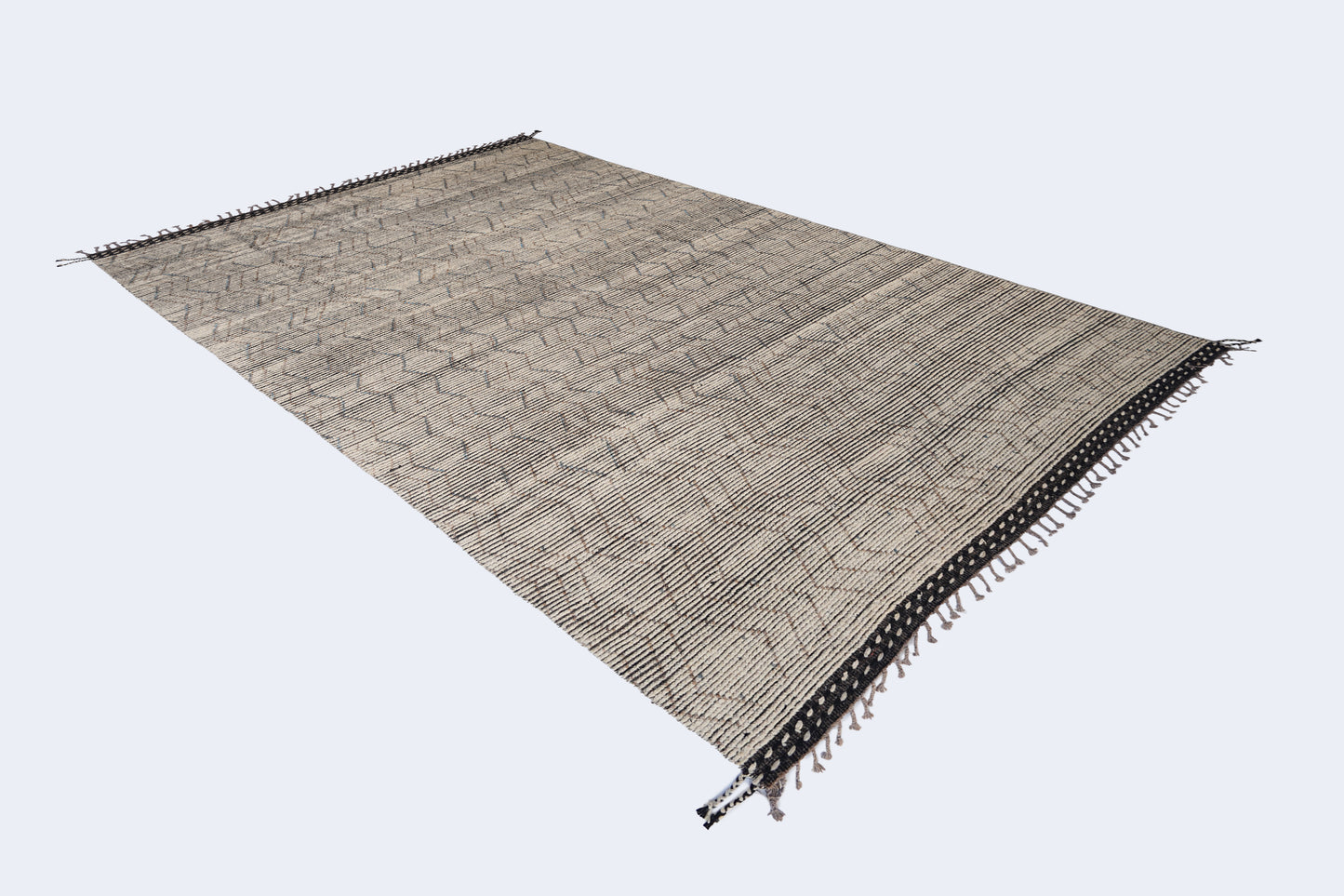 Minimalist Linear Moroccan Berber Rug – Hand-Knotted Oatmeal & Charcoal Wool Rug