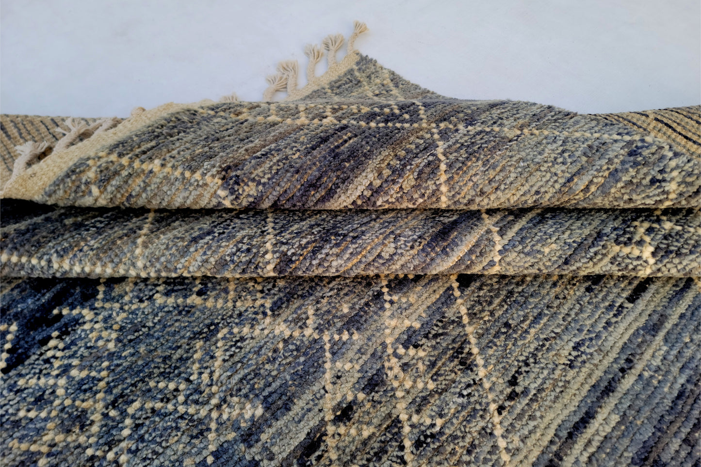 Vintage Moroccan Berber Beni Ourain Rug – Distressed Slate Blue & Charcoal Tribal Rug