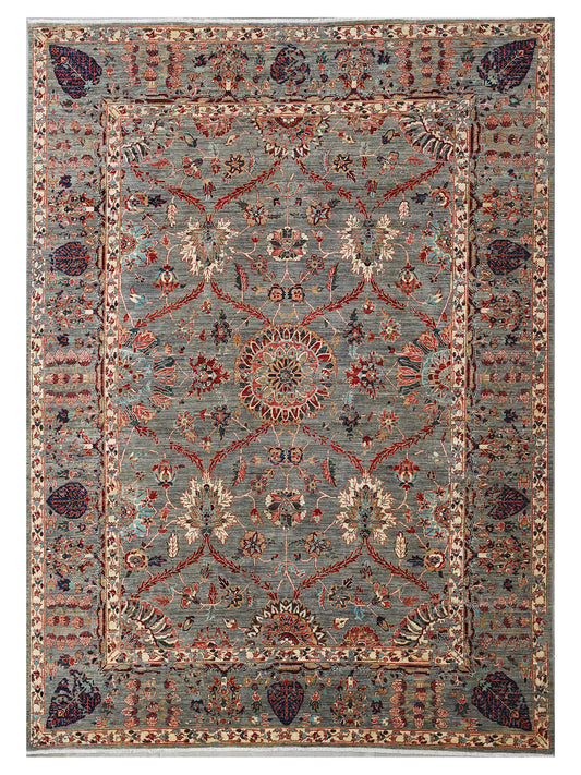 Antique-Inspired Afghan Floral Rug in Stone Blue