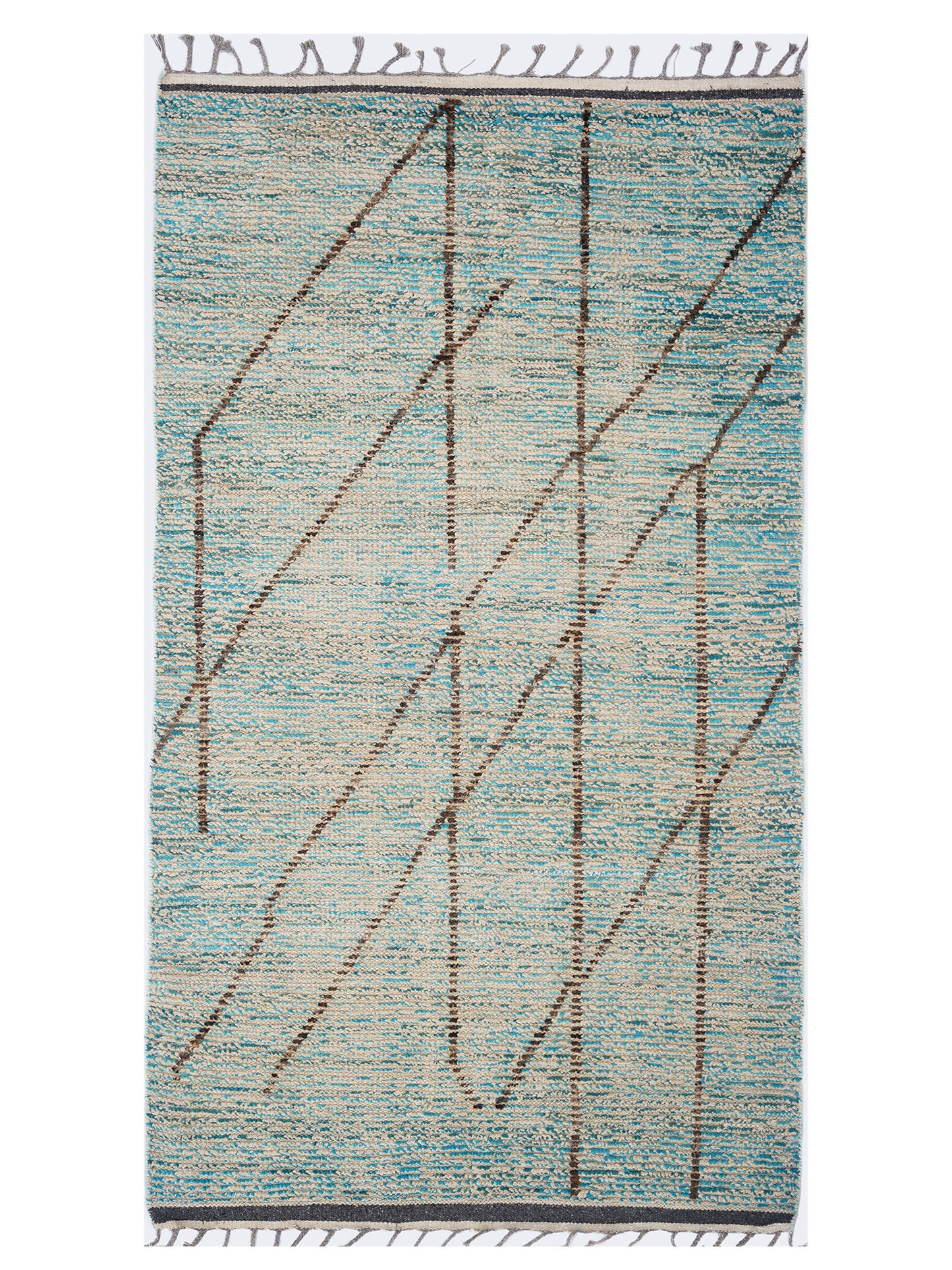 Abstract Turquoise Blue Moroccan Berber Rug – Hand-Knotted Asymmetric Wool Runner Rug