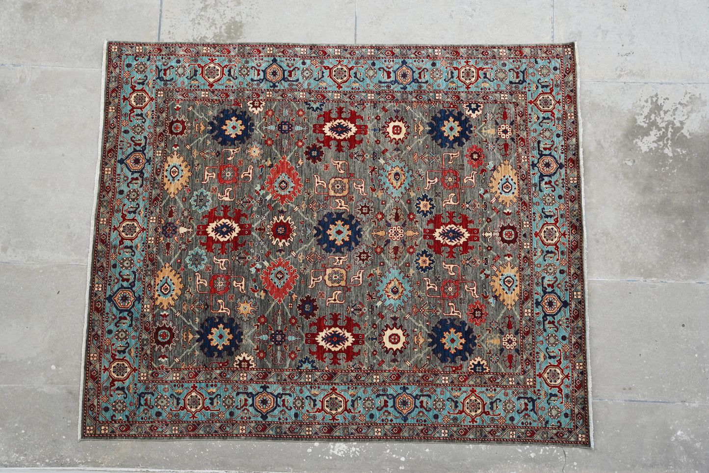 Traditional Afghan Botanical Rug in Slate & Azure