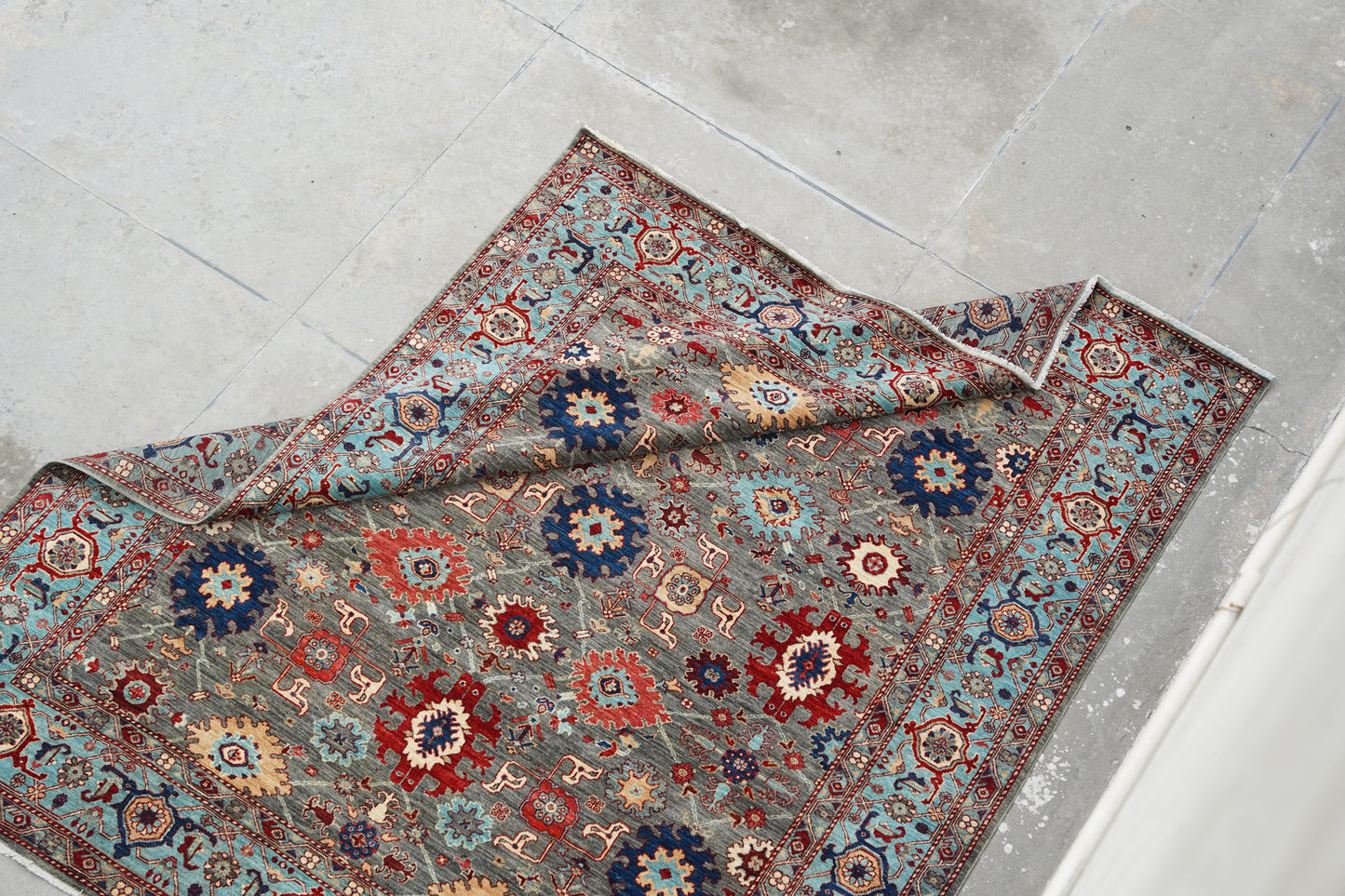 Traditional Afghan Botanical Rug in Slate & Azure