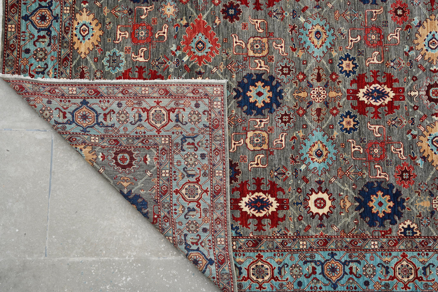 Traditional Afghan Botanical Rug in Slate & Azure