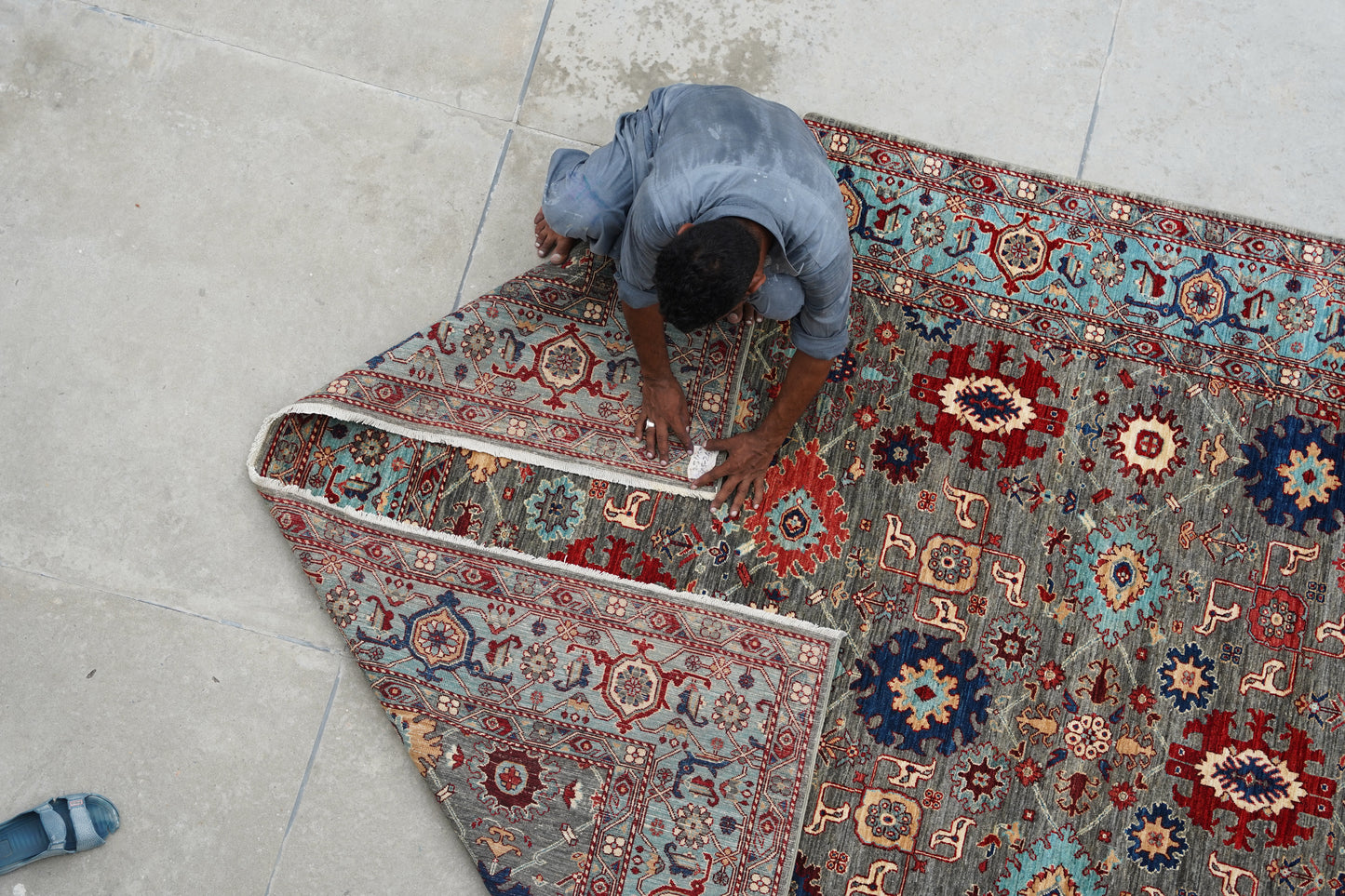 Traditional Afghan Botanical Rug in Slate & Azure