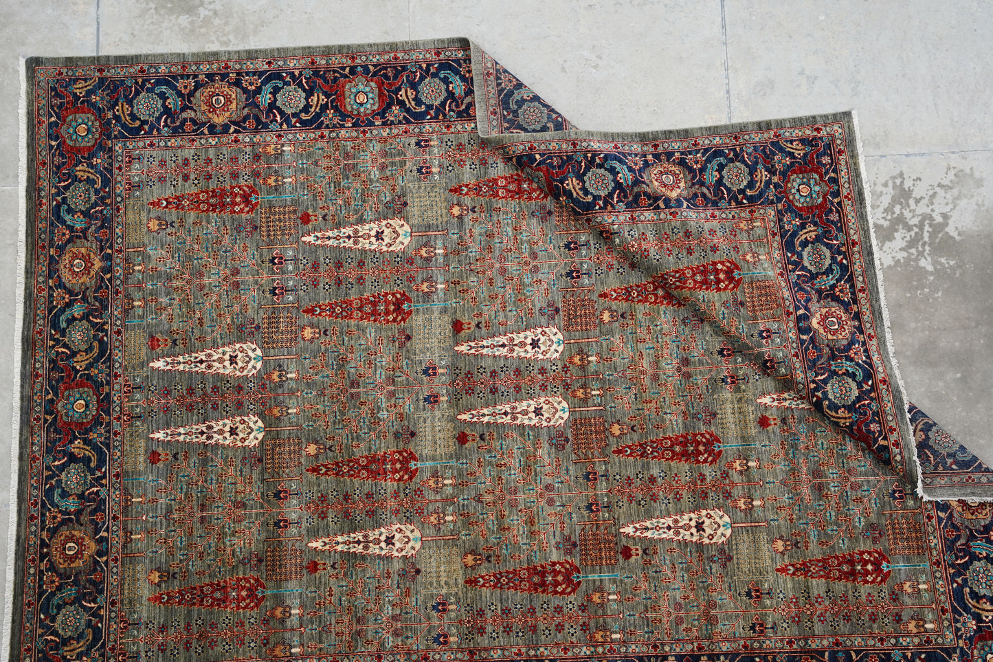 Afghan Tree of Life Rug - Muted Sage & Indigo