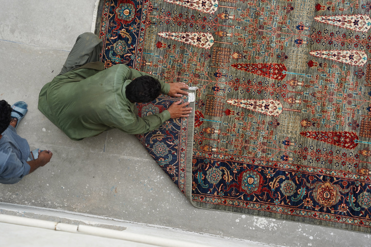 Afghan Tree of Life Rug - Muted Sage & Indigo