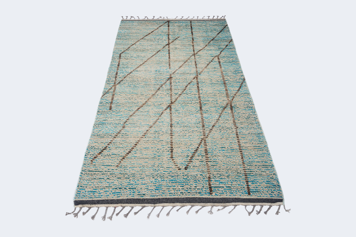 Abstract Turquoise Blue Moroccan Berber Rug – Hand-Knotted Asymmetric Wool Runner Rug